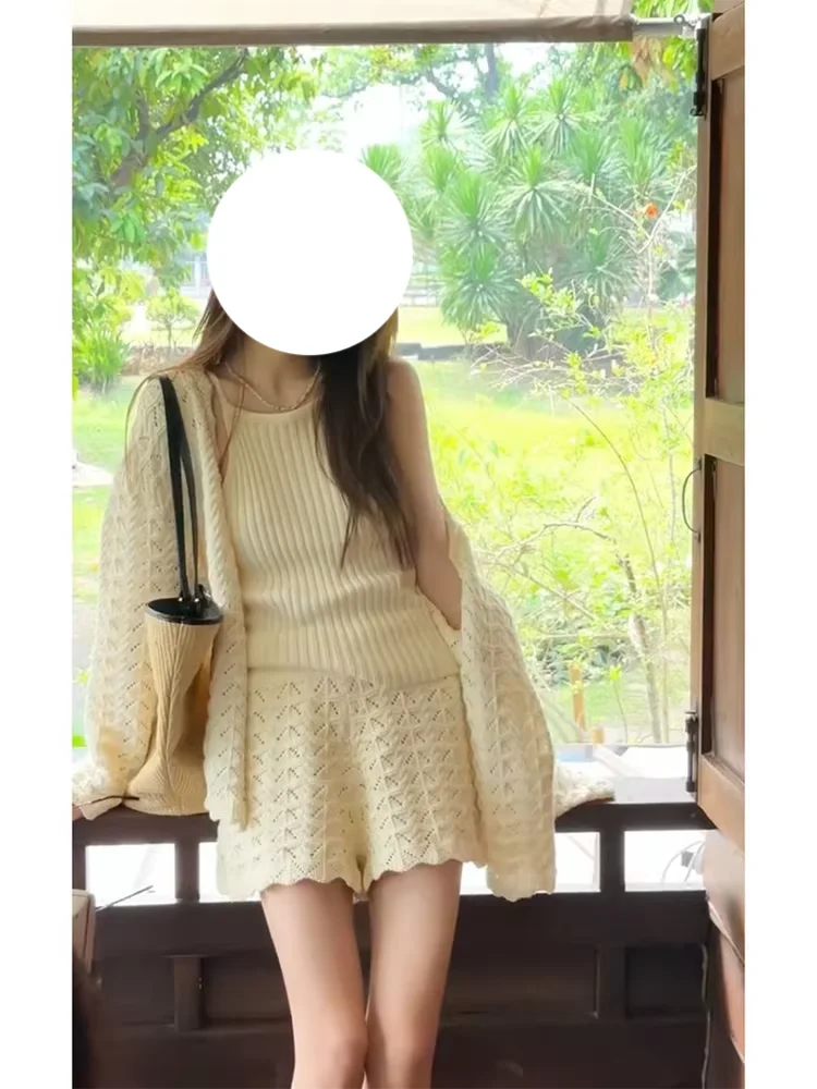 

Dopamine Spring Set Women's Korean Style Casual Lazy Open Cardigan Outerwear Hollow out Strap Vest Shorts Three Piece Suit