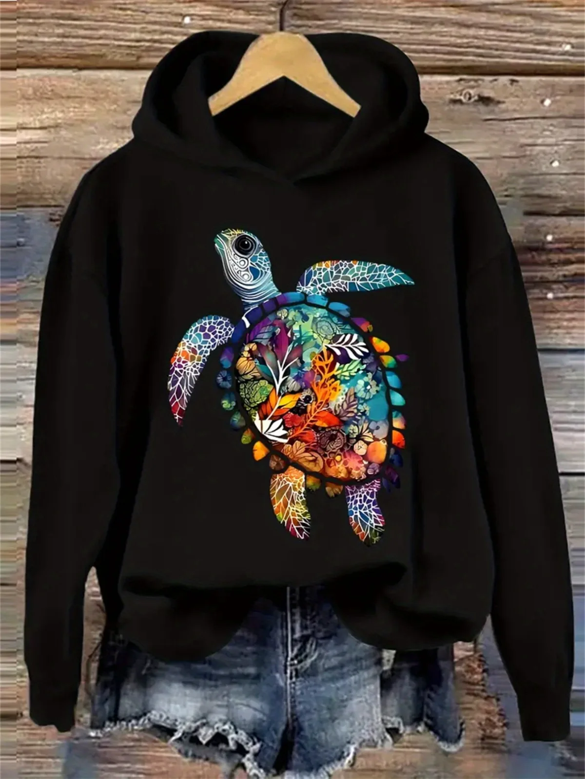 

Женская модная повседневная толстовка с капюшоном с рисунком черепахи и утолщенным карманом-кенгуру, подходит для спортивной повседневной носки