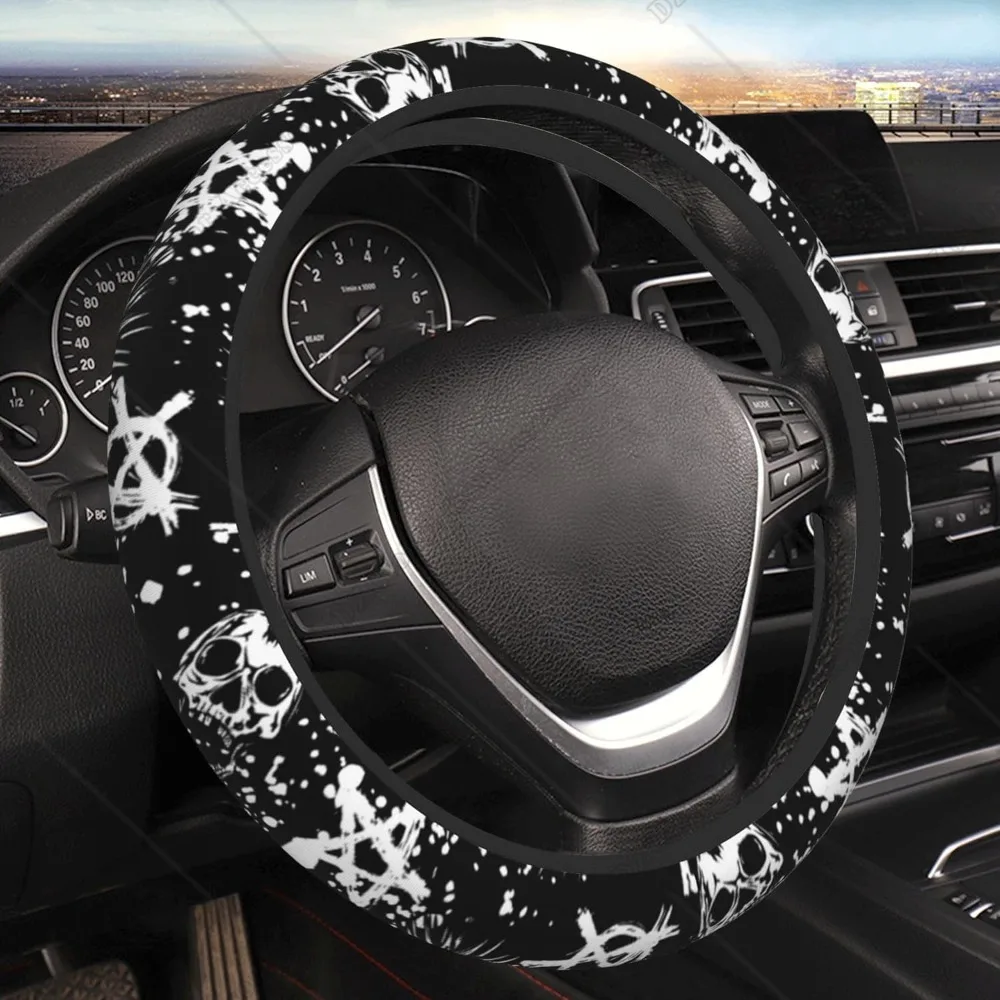 Cool Gothic Punk Skull Steering Wheel Covers Universal 15 Inch Elastic Neoprene Wrap Car Accessories for Men Women