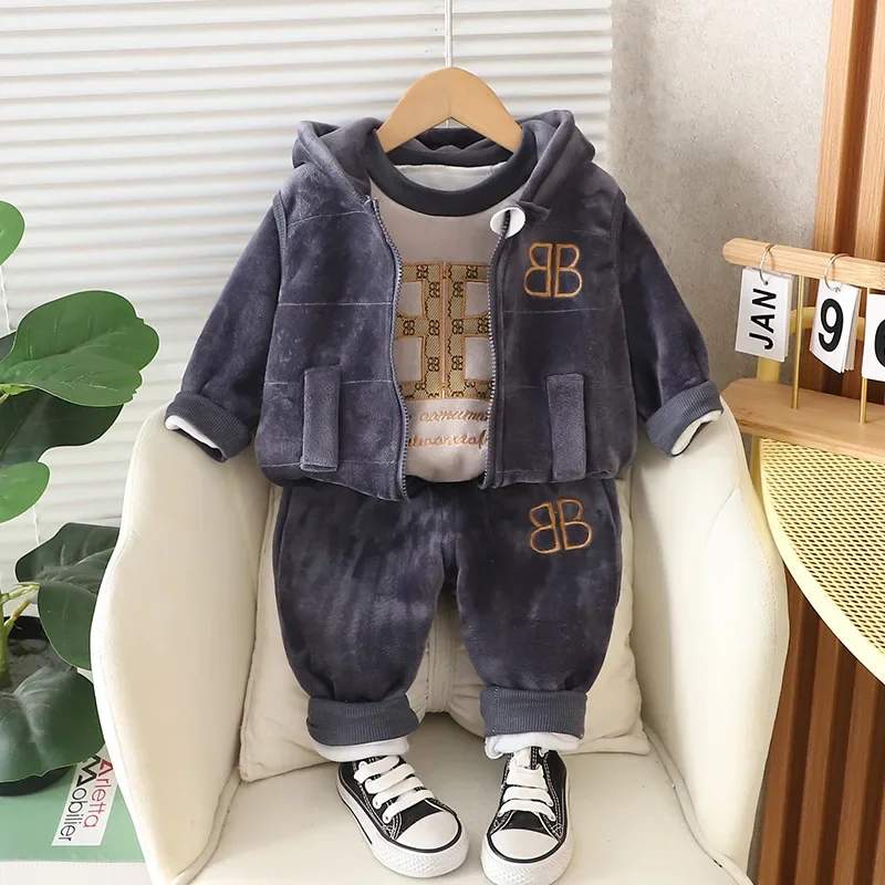 New Autumn Winter Warm Boys Girls Clothing Set Letter B Lined With Velvet Hooded Vest+ Shirt + Pants 3Pcs Suit For Kids