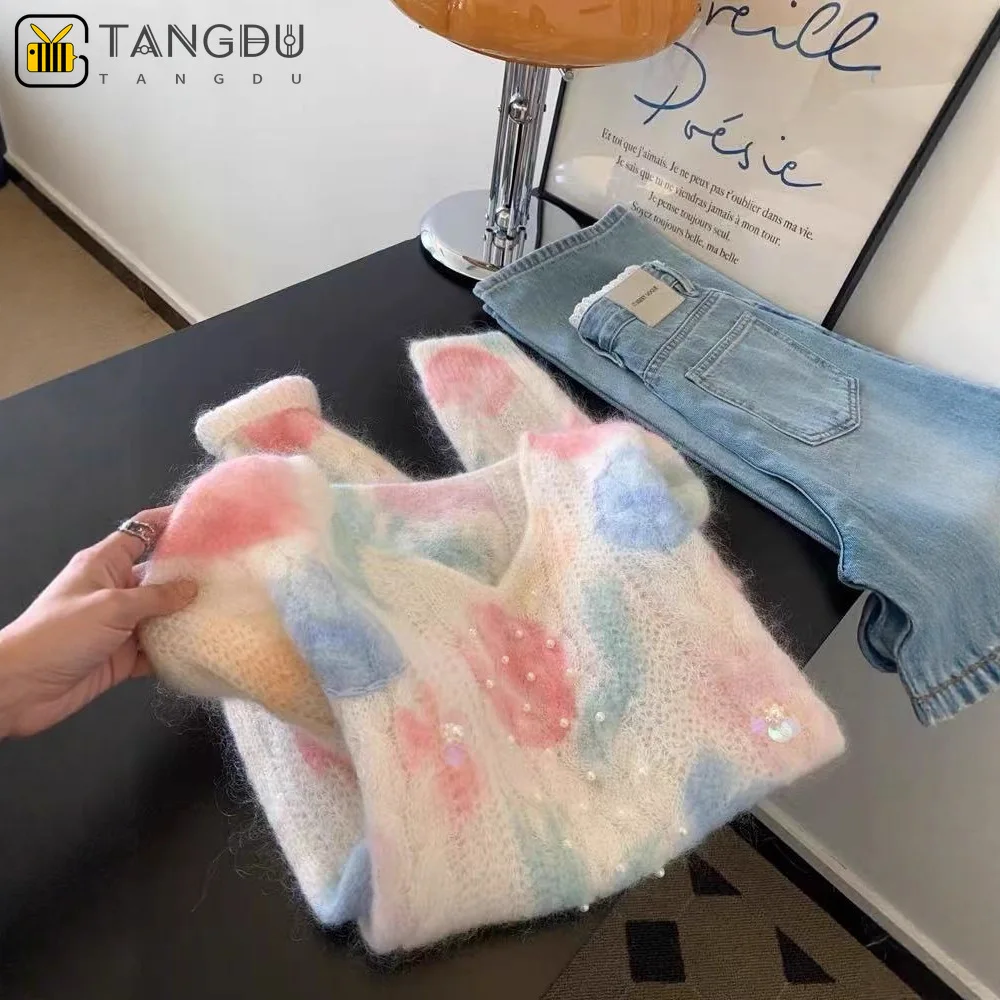 

2025 Autumn and Winter New Light Luxury Heavy Industry Painted Sequins Beads Soft Waxy Mohair Pullover Outside Lazy High Sense