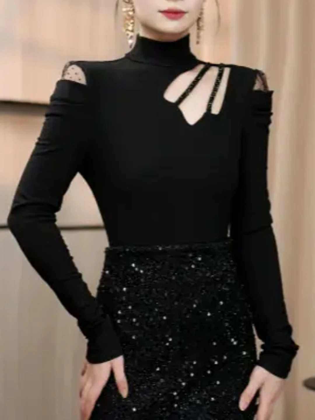 エレブラ ロングスリーブ ホローアウト スリムフィット Tシャツ レディース ハイカラー おしゃれ ベースシャツ トレンド 通勤に最適