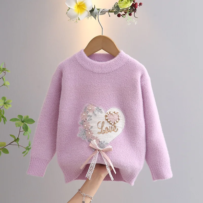 Korean Baby Girls Sweater Autumn Winter New Knitted Pullovers Love Ribbons Children Warm Bottoming Tops for Kids Girl GY08141