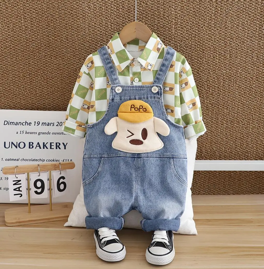 

Toddler Boutique Outfits 2024 Spring Autumn Clothes for Kids Baby Cartoon Checkerboard Long Sleeve Shirt+Denim Overalls 2PCS Set