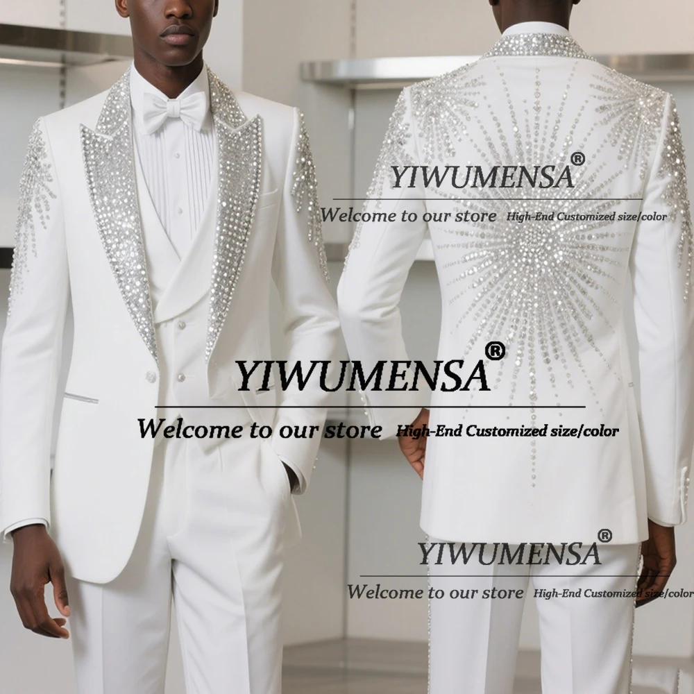 

Customized Crystals Beaded Suits Men For Wedding Sparkly Sequins Label Groom Blazers Outfits 3 Pieces Sets Man Business Tuxedos