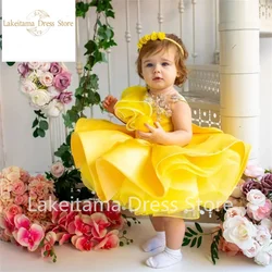 Cute Puffy Baby Girl Dress Tulle Flower Pearl Applique Girl Dress For Wedding Birthday Party First Communion Gowns