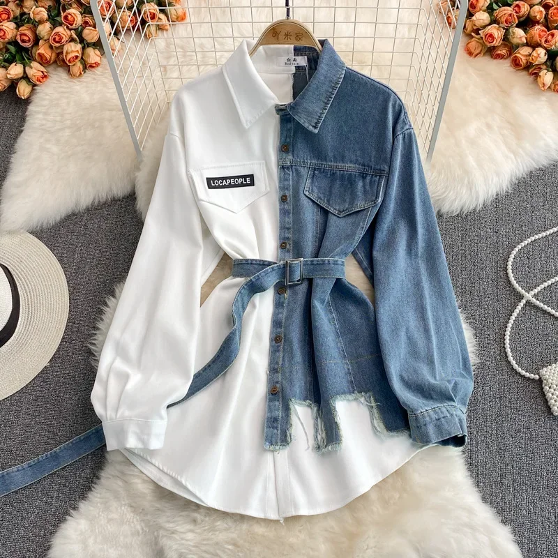 Women Shirt Denim Splice Full Sleeve Single Breasted T Shirts Turn Down Collar Irregular Midi Blouses Belt Ladies Autumn