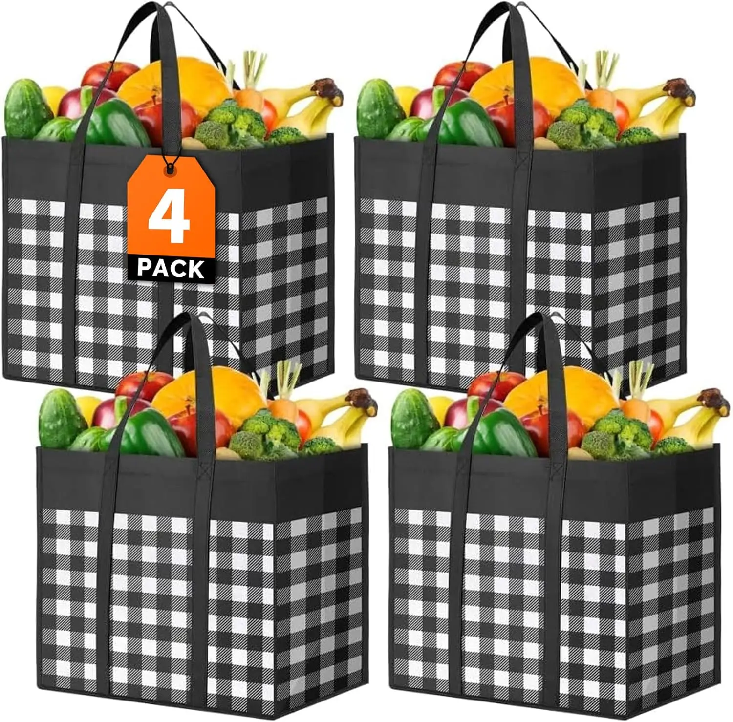 

Foldable Reusable Shopping Bags, 4-Pack with Water-Resistant Coating and Reinforced Handles for Groceries and Multipurpose Use
