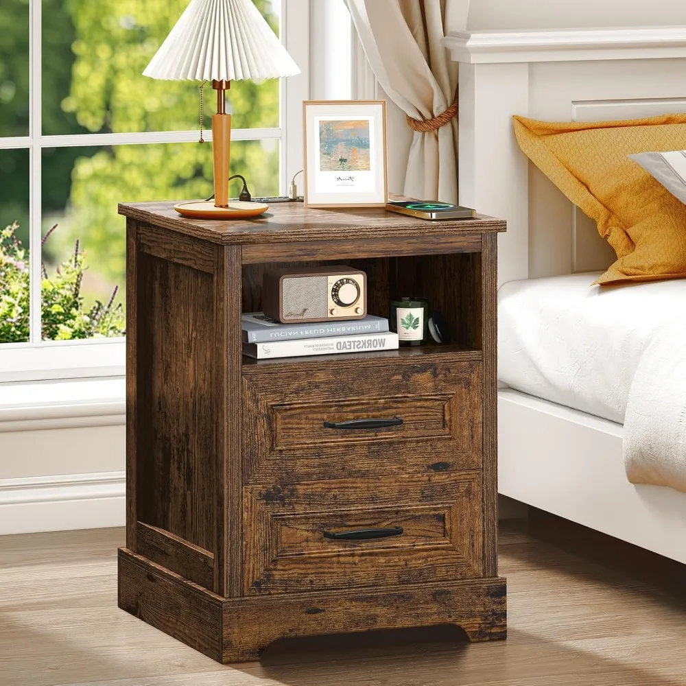 منضدة خشبية لمحطة شحن مع أدراج ورف تخزين مفتوح، وطاولة بجانب السرير لأسلوب المزرعة الحديثة #3