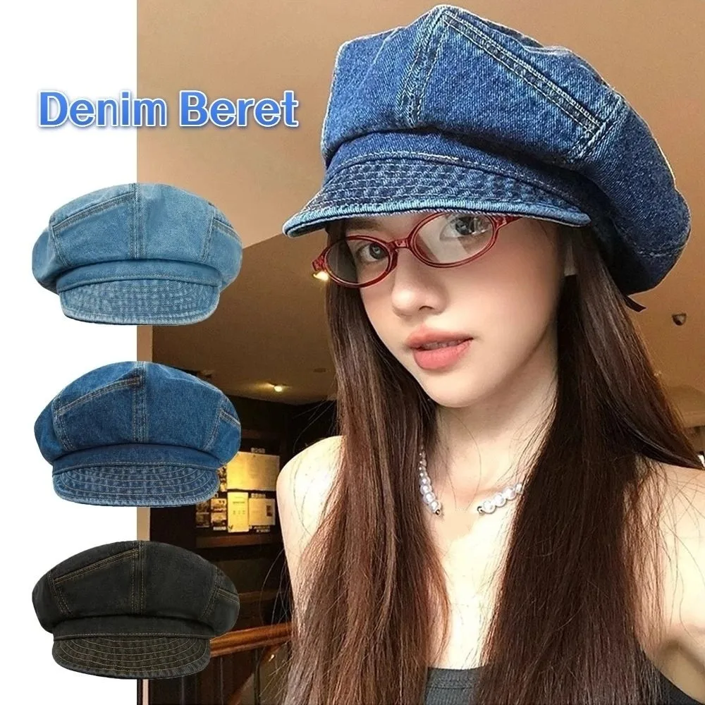 

Casual Vintage Washed Denim Beret Cloud Visor Octagonal Cap Artist Newsboy Peaked Hat Streetwear