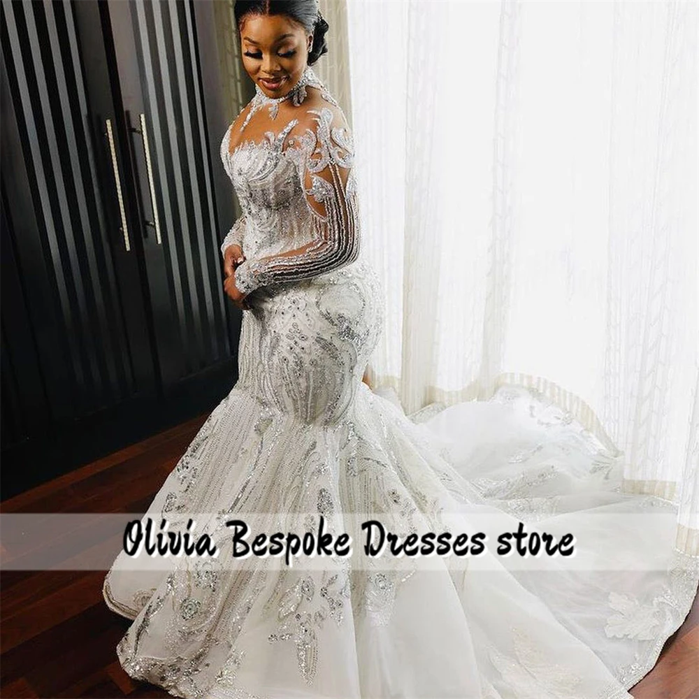 Luxurious Mermaid Wedding Dresses High Neck Long Sleeve Aso Ebi Bridal Gowns Beads Crystal Sequin robes de mariée Customized