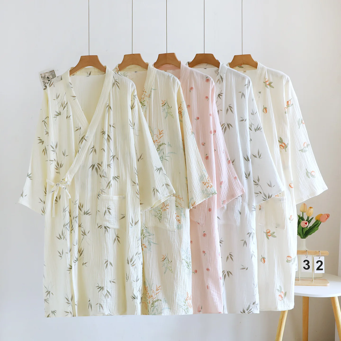 رداء حمام قطني متعدد الألوان للنساء يمكن ارتداؤه ماص سريع الجفاف نصف كم برباط كيمونو مع جيب #1