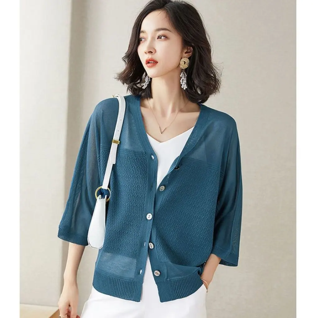 

Women's Loose Fit Summer Cardigan Silk Top Thin Knitted Ice Silk Sunscreen Air Conditioning Shirt for Ladies