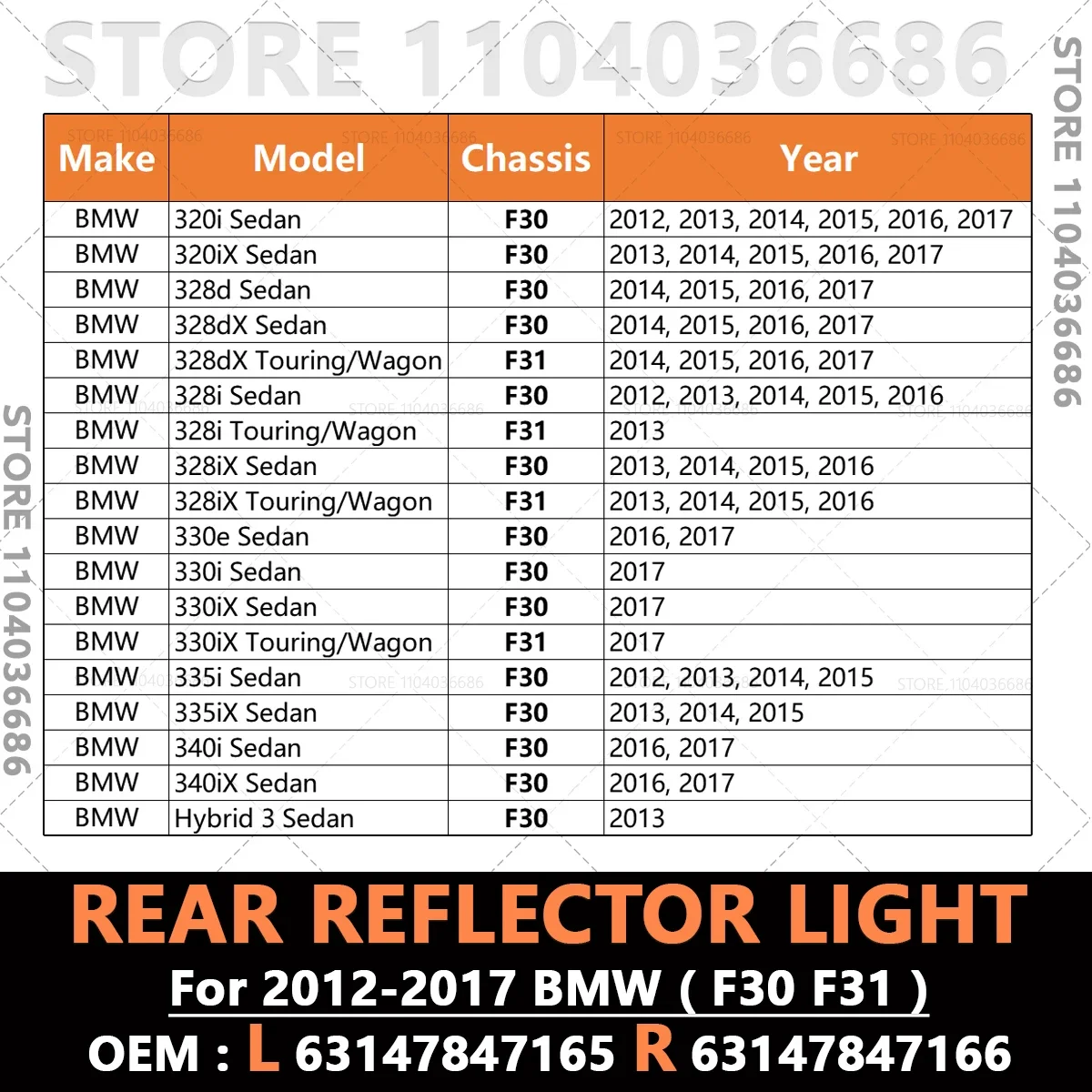 For 2012 2013 2014 2015 2016 2017 BMW 320i 328i 330i 335i 340i Active Hybrid 3 (F30 F31) Rear Bumper Reflector Light Lamp