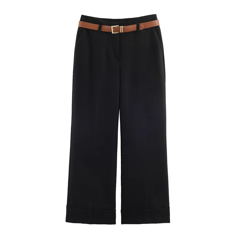 Casual Loose Cuffed Hem Belted Pants Long Trousers Women's Fashion European Style Natural Waist Other Material Ladies Pants