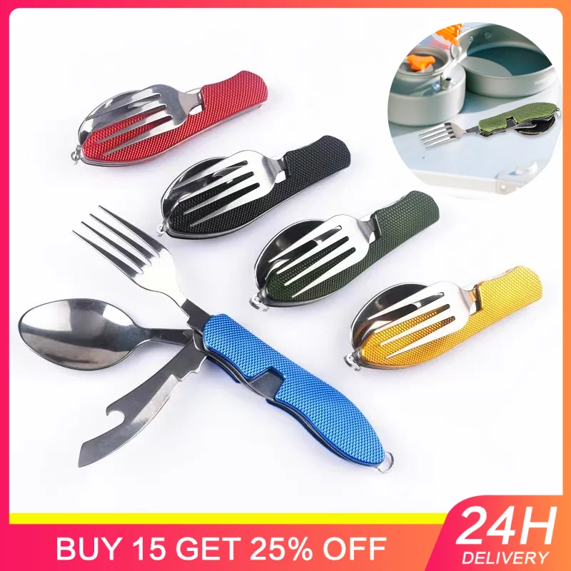 Outdoor Camping Tableware Stainless Steel Foldable Knife Fork Spoon 3-in-1 Combination Tableware For Hiking Outdoor Survival