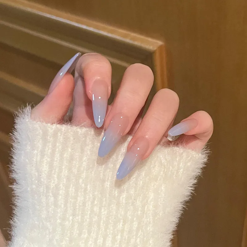 Korean Clear Pure Nude Tip Gradient Handmade Press On Nails, Long Almond Fake Nails With Tiny Aurora Glitter, 2 Colors Ice Blue