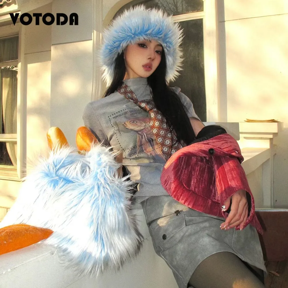 New Mongolian Fur Bucket Hat Handbag Set Women Furry Faux Fur Hat Long Hair Gradient Clutch Bag Luxury Fur Tote Hat Plush Set