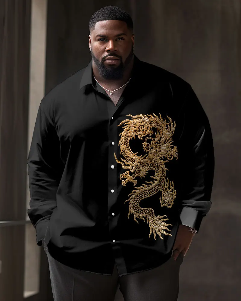 Biggmans Plus Size Shirt For Men\'s Clothing Summer Black Dragon Printing Long Sleeve Single Deduction Customization 7XL 8XL 9XL