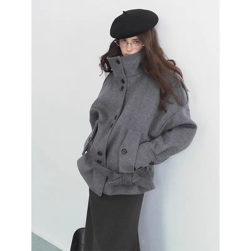 Korean Sweet Fashion Lolita Coat Women Bowknot Belted Waist Stand Collar Pocket Button Detail Loose Fit Warm Wool Winter Daily