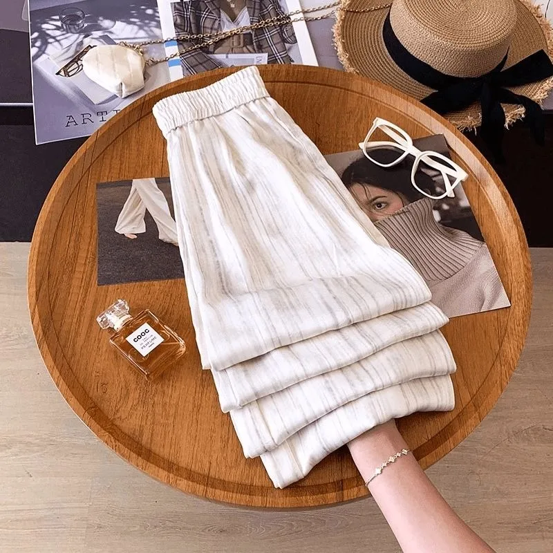 Tie Dye Ice Silk Pants Women's New Summer Lightweight Senior Straight Leg Imitation Linen Cotton Linen Quick Drying Casual Pants