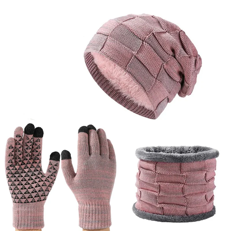 Herbst Winter Unisex warme und weiche Winter-Fleece-gefütterte Strickmütze, Schals und Touchscreen-Handschuhe 3-teiliges Set