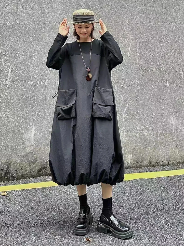 فساتين Amax LuluE الكورية الأنيقة للسيدات عتيقة فضفاضة كلاسيكية للترفيه برقبة دائرية للسيدات ملابس خروج فاخرة من القطن