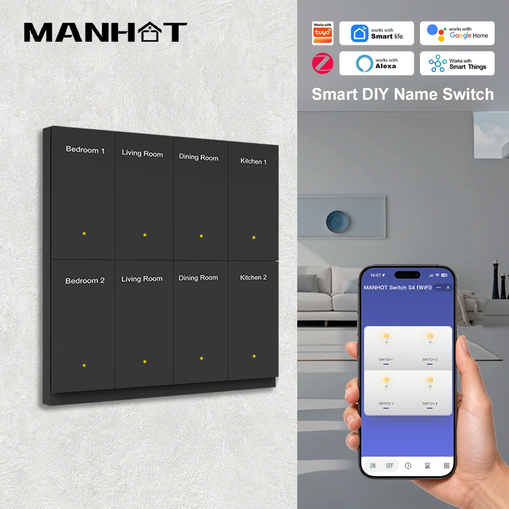 MANHOT Zigbee Smart DIY Name Switch 1/2/3/4/6/8Gang Smart Glass Panel Push Button Switch Smart Wall Switch Work With Tuya Alexa