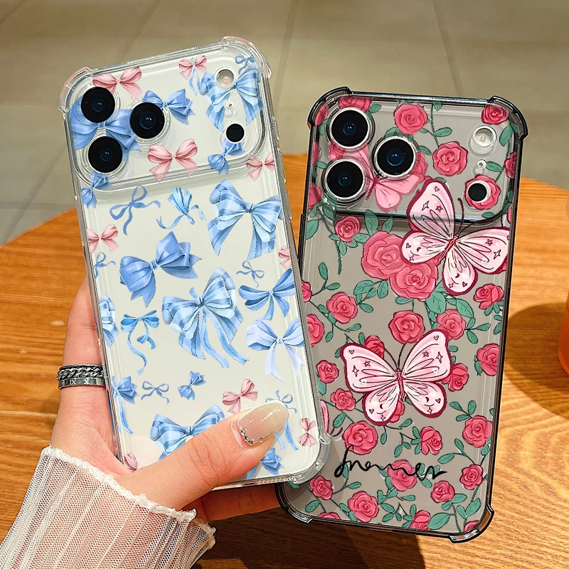 Blumen-Bowknot-Handyhülle für iPhone Air 17 16e 16 15 Pro Max 14 13 Pro 12 11, stoßfeste, klare, weiche TPU-Kartensteckplatz-Taschenabdeckung