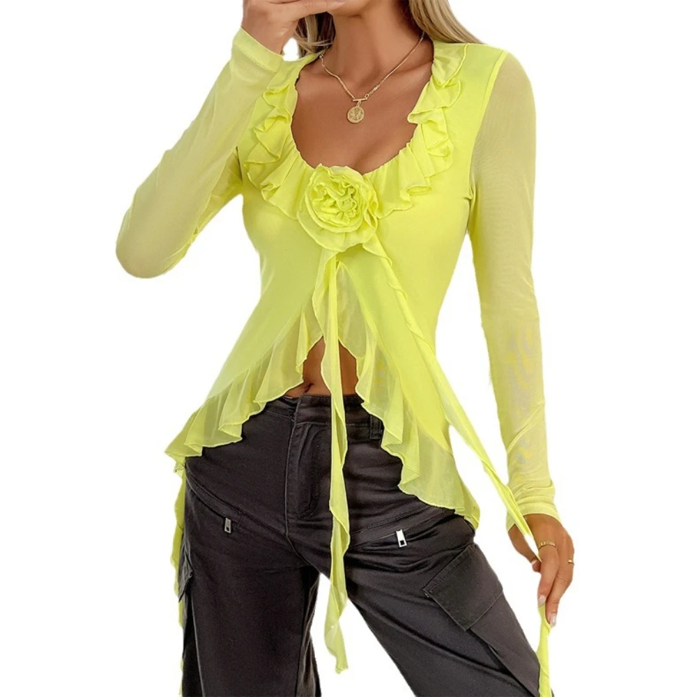 High Quality Hot Selling Women's Clothing 2024k Temperament U-neck Lace Mesh Long Sleeved Top Sexy Elegant Top Vintage Clothes
