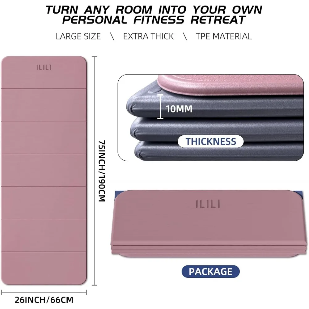 سجادة يوجا TPE بسمك 10 مم قابلة للطي، طويلة جدًا 75 × 26، ناعمة ومريحة، سهلة الحمل، بساط سميك قابل للطي لليوجا والتمارين الرياضية