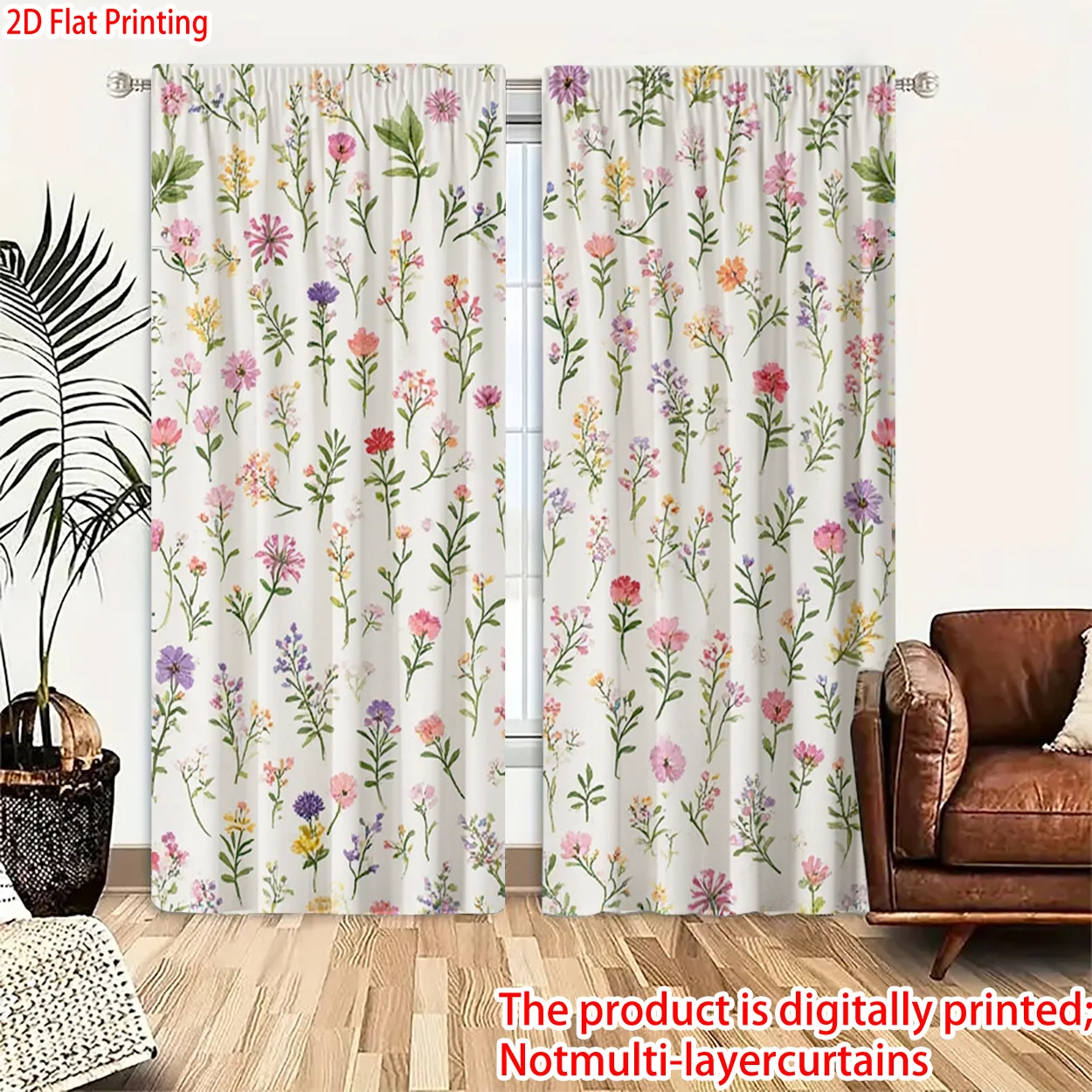 Elegant Floral Pattern Curtains 2pcs Pair Digital Print Botanical Window Curtains for Living Room Decor