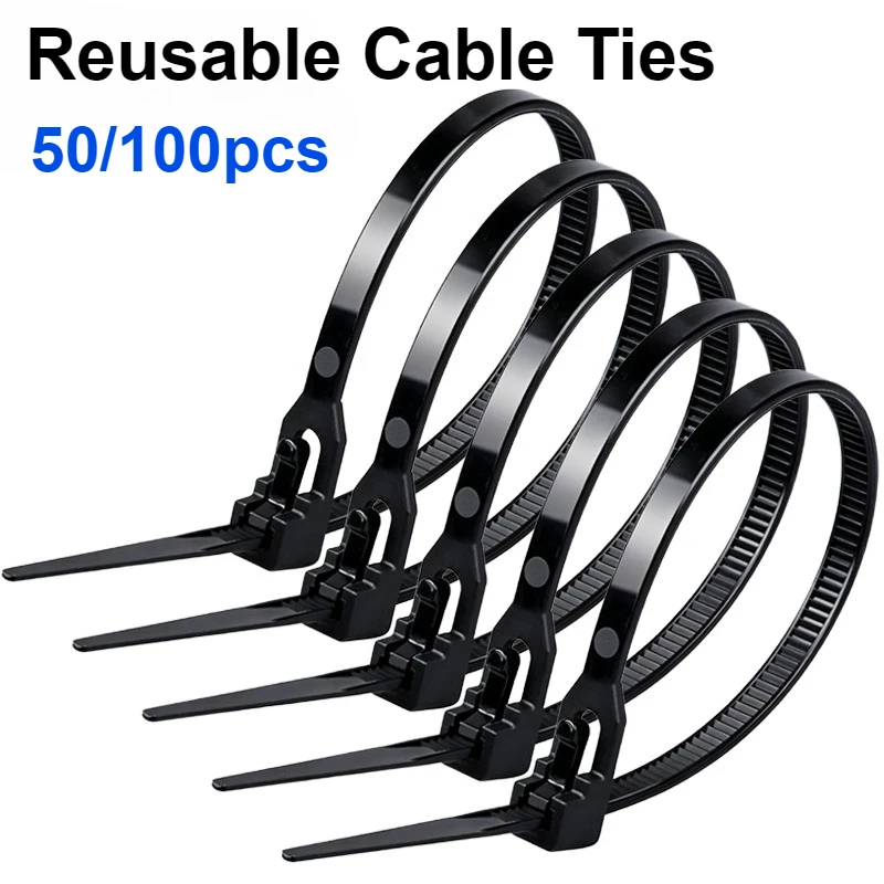 50/100Pcs Reusable Nylon Cable Ties Removable Lock Loop Recyclable Mixed Colors Black & White for Electronics And Networking