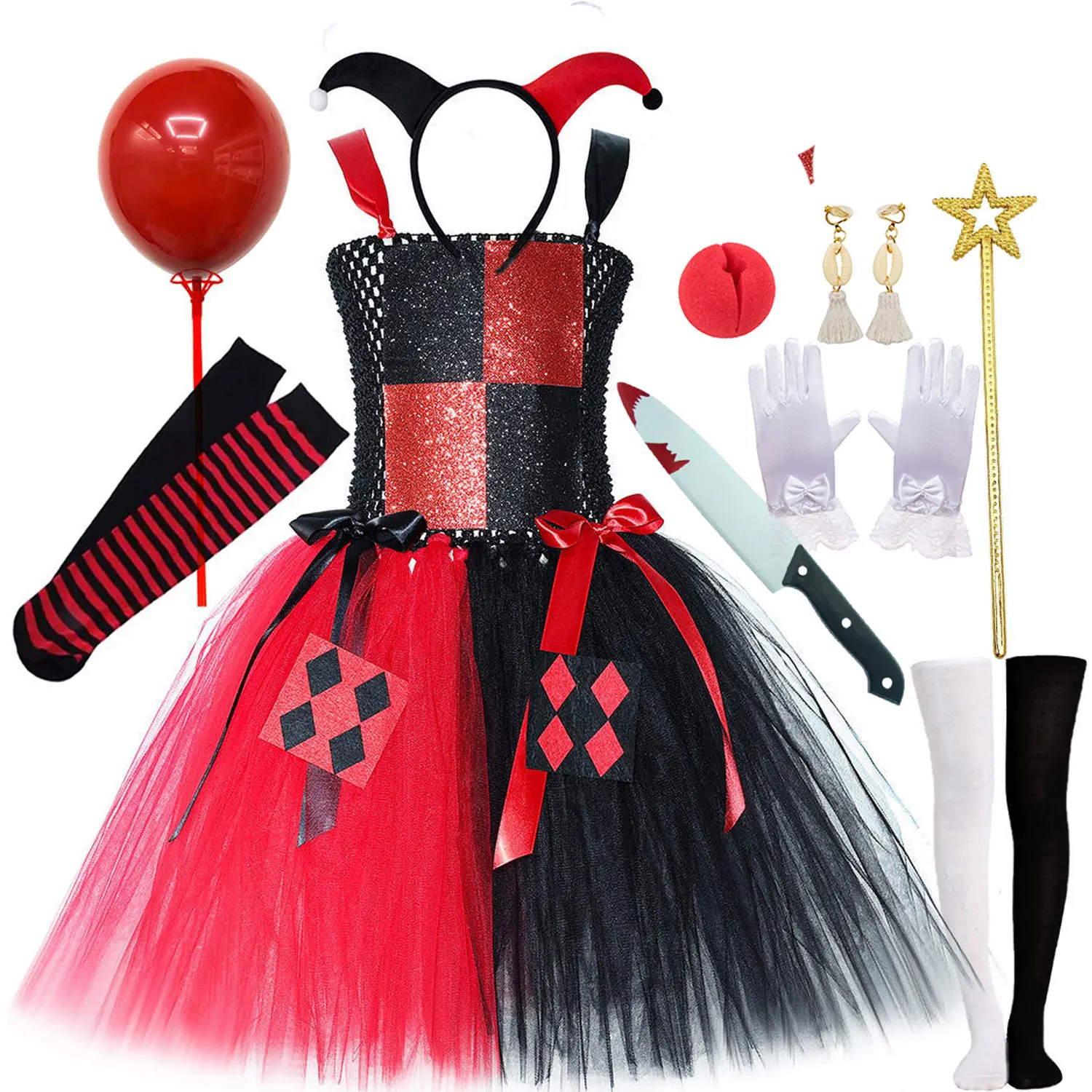 2026 Halloween Carnival Party Toddler Girls Cosplay Scary Clown Red Black Dress with Clown Nose Headband Accessories Set 3-12T