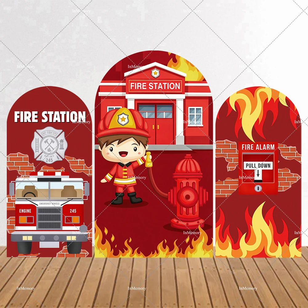 Fireman Fire Truck Brick Wall Boy Birthday Party Arch Backdrop Baby Shower Cover Chiara Arched Background Decoration 2-sided