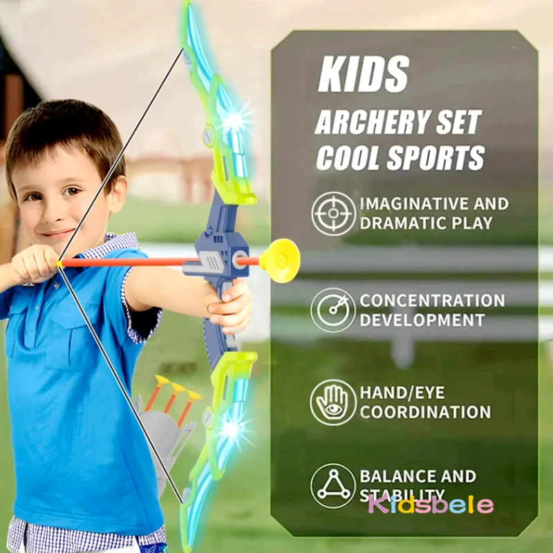 어린이 양궁 세트 LED 조명 활 및 화살표 대상 및 방패 사냥 소년 소녀를위한 장난감 여름 야외 스포츠 게임 6+