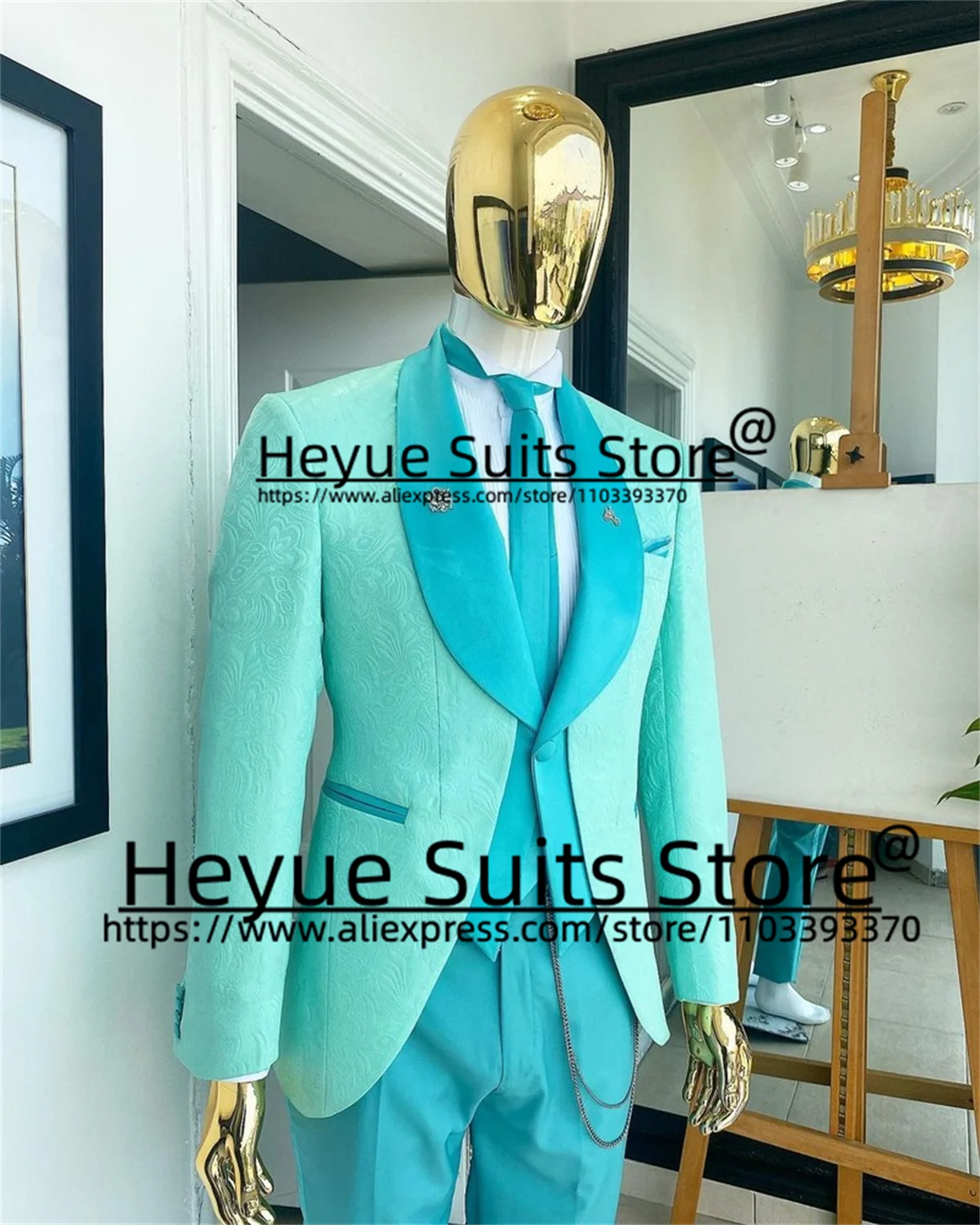 Mint Green Fashion Jacquard pattern Wedding Suits For Men Slim Fit Shawl Lapel Groom Tuxedos 2 PCS Sets traje de hombre elegante