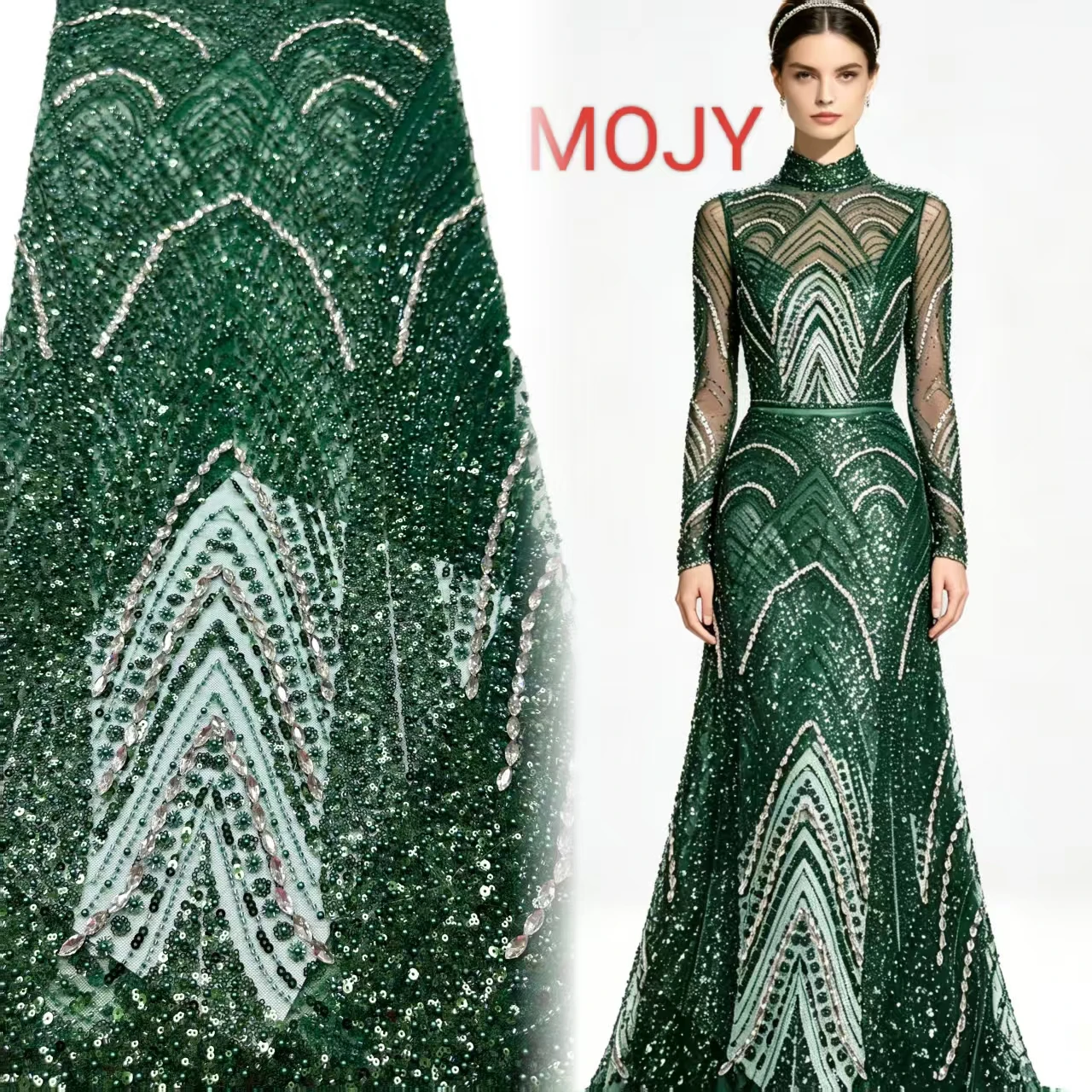 African Luxury Beaded Rhinestone Lace Fabric Dark Green Sequins Geometric Embroidery Tulle For Evening Party Dress Sewing