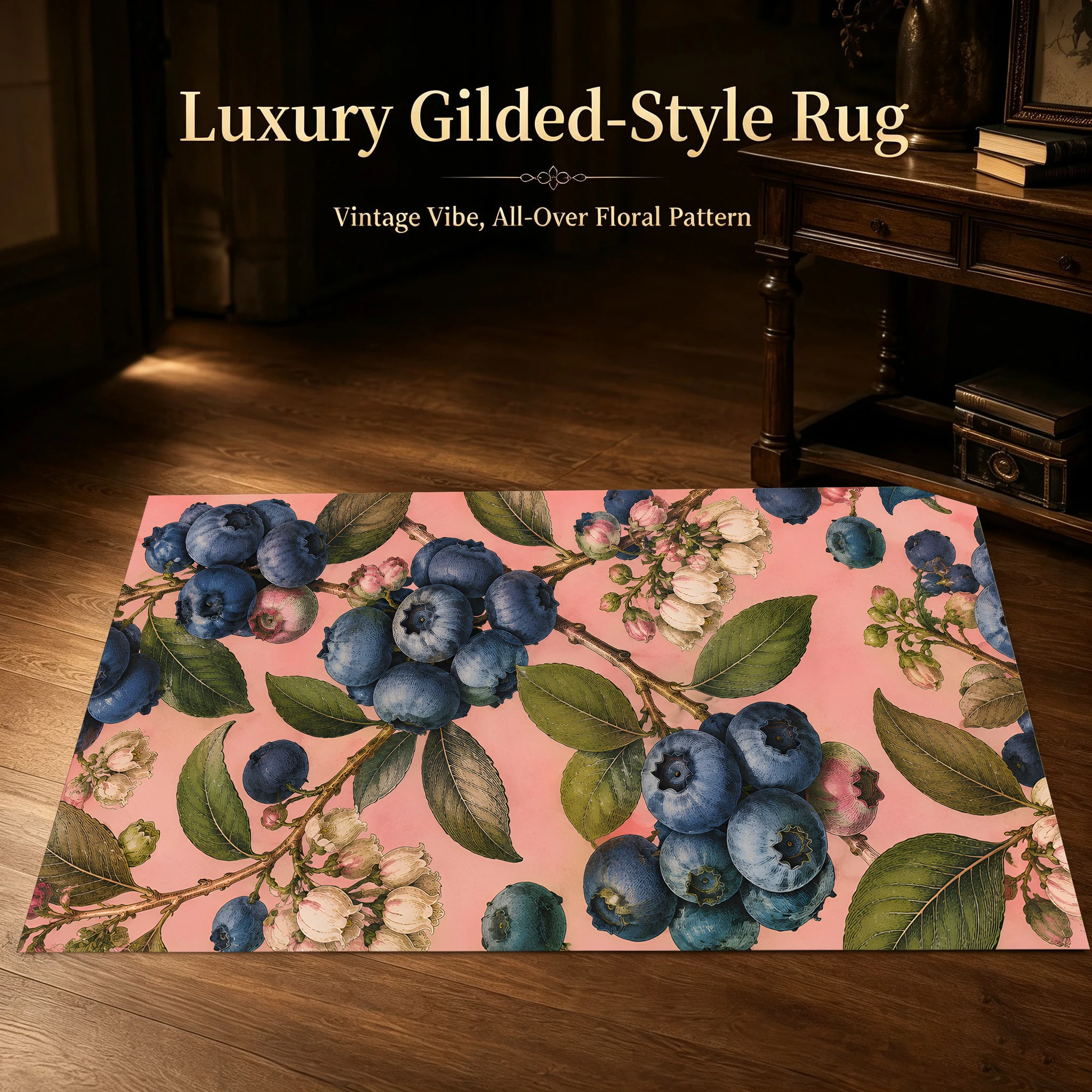 Velvet Rug Blueberry Branch Print Retro Pastoral Style for Bedroom Bedside Living Room Home Decor