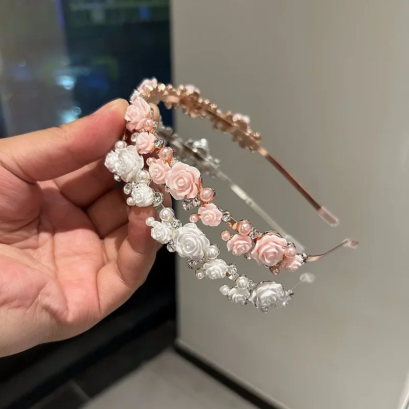 عصابة رأس من حجر الراين الكريستالي واللؤلؤ للنساء، طوق شعر وردي للفتيات، إكسسوارات عصابة رأس عصرية ومتعددة الاستخدامات