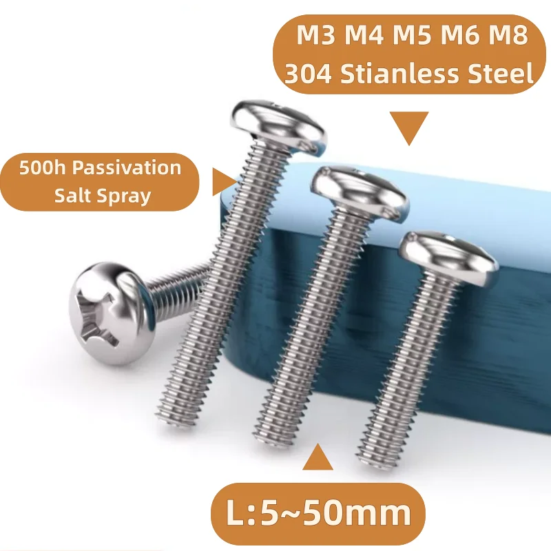 304 Stianless Steel  500h Passivation Salt Spray Cross Phillips Round Pan Head Screws Bolts YB818 M3 M4 M5 M6 M8 L:5~50mm