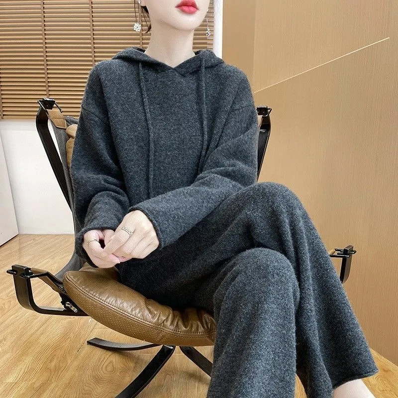 Sweat-shirt à capuche tricoté épais, pantalon à jambes larges, ensemble deux pièces pour femmes, ample, Anti-vieillissement, tendance, ensemble de vêtements d'automne et d'hiver