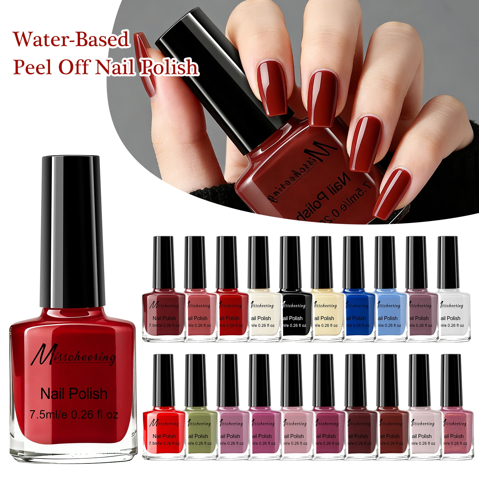 Esmalte de Uñas Desprendible a Base de Agua Misscheering 7.5ml, Secado Rápido al Aire, Brillante, Larga Duración, Removible, Sin Necesidad de Luz UV, Fácil de Usar