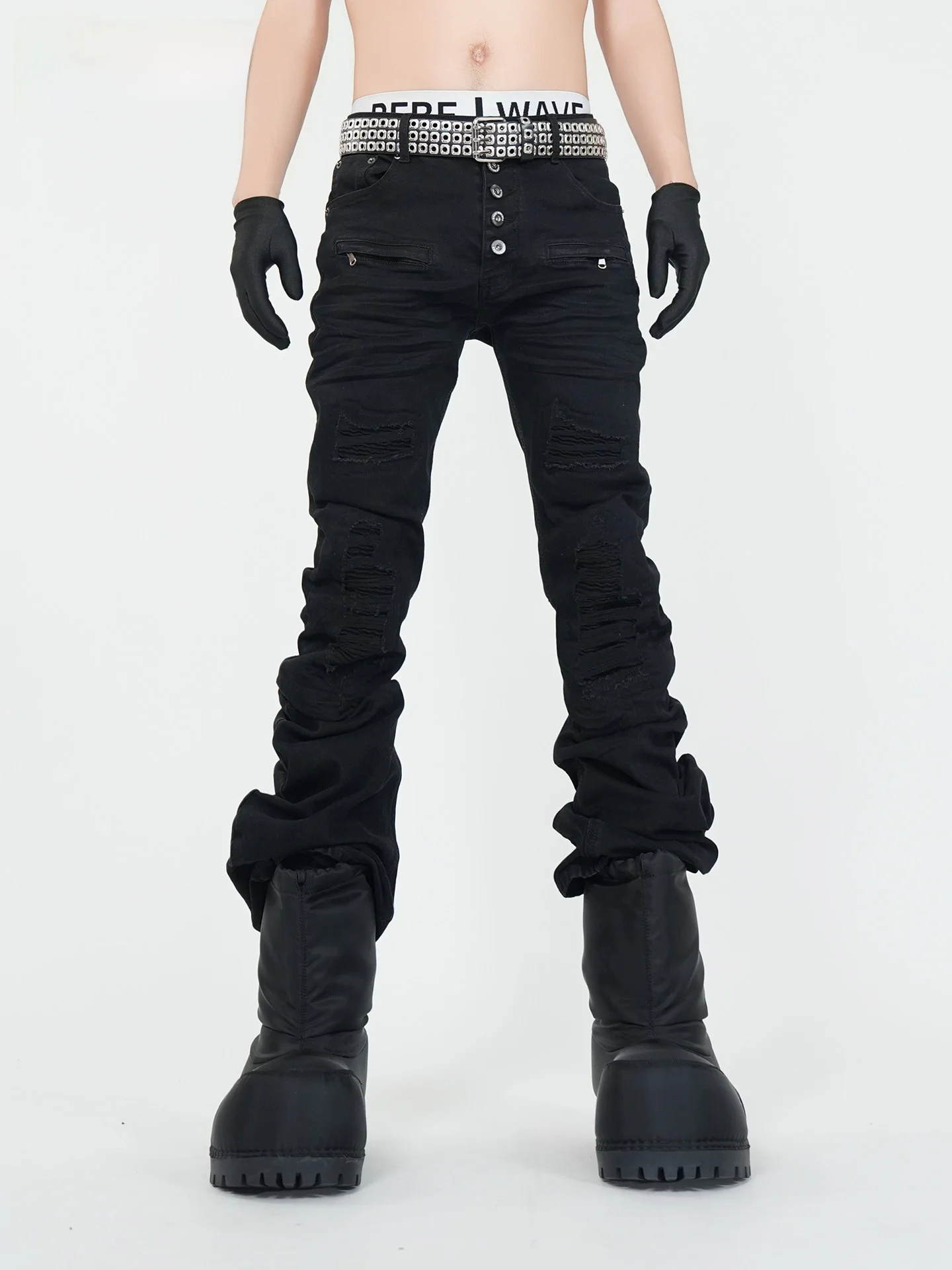 

VE2 Men's High Waist Pleated Denim Jeans Long Knife Torn Frayed Bootcut Jeans Casual k Sle Cotton Polyester Blend