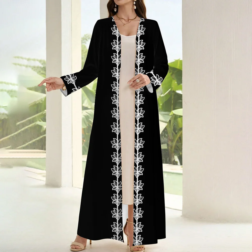 2024 New Muslim Clothing Women Abaya Floral Print Black Open Kimono Abaya Two Pieces Set Moroccan Turkish Casual Kaftan Dress