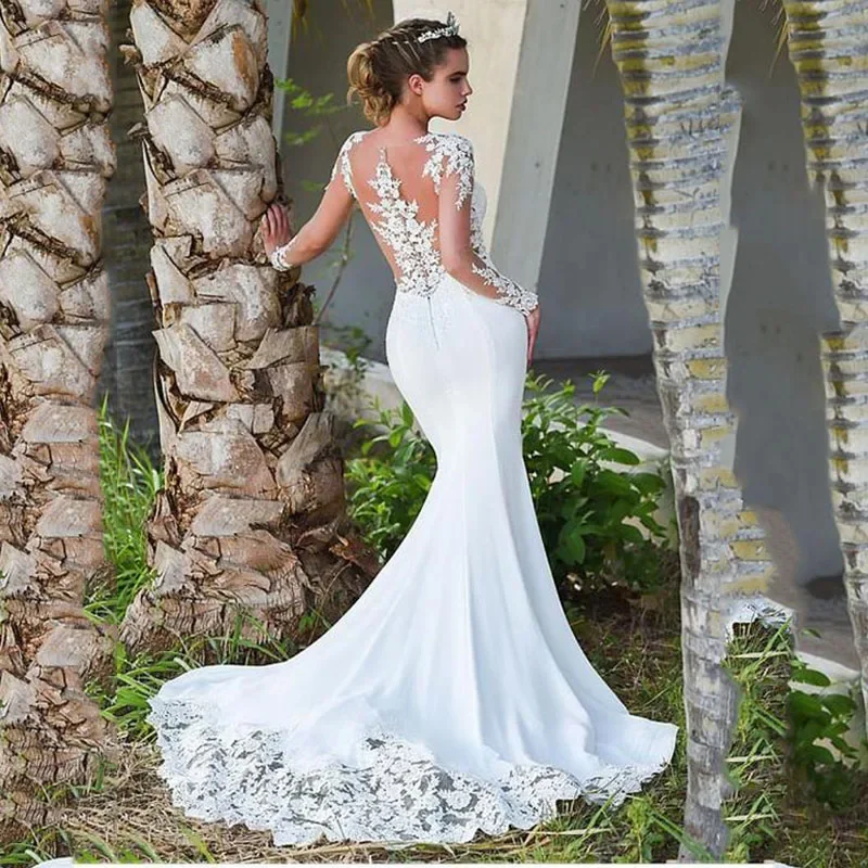 Elegante vestido de novia blanco con cuello redondo, calcomanía de manga larga con cuentas de cristal, largo hasta el suelo, sirena, vestido de novia con tren