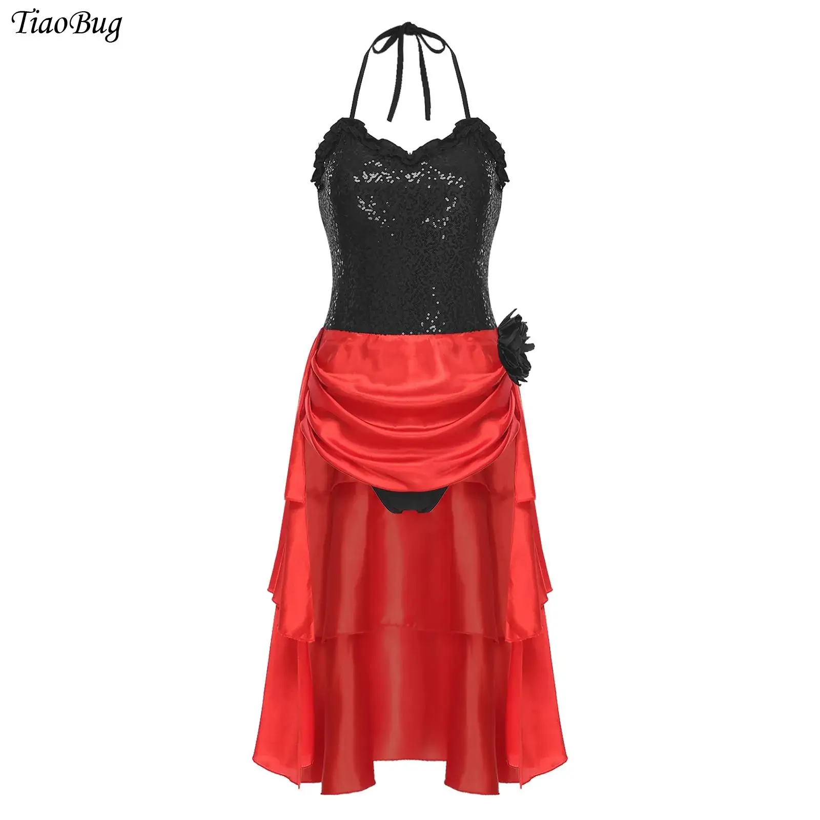 

Womens Latin Rumba Dance Dress Halter Sequined Bodice Tiered Irregular Hem Dress with Flower Brooch for Cha-cha Samba Ballroom