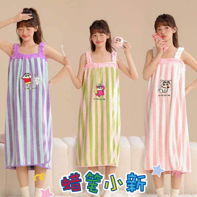 Kawaii Crayon Shin-Chan Anime Cartoon Coral Velvet Pajamas for Girls Home Absorbent Bath Skirt Give Gifts To Girlfriend