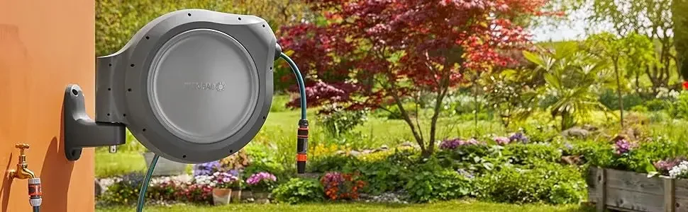 for  50' ft. Wall Mounted Retractable Reel with Hose Guide, automatic retraction for easy watering of garden or yard