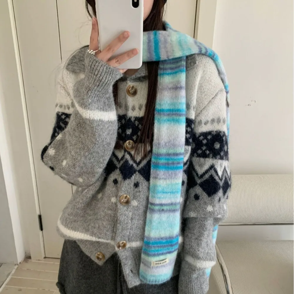 

Soft Korean Style Rainbow Striped Scarf Thickened Plush Cashmere Knitted Scarf Windproof Neck Warmer Winter Shawl Daily